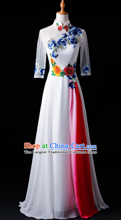 Chinese Traditional National White Cheongsam Compere Chorus Costume Folk Dance Full Dress for Women