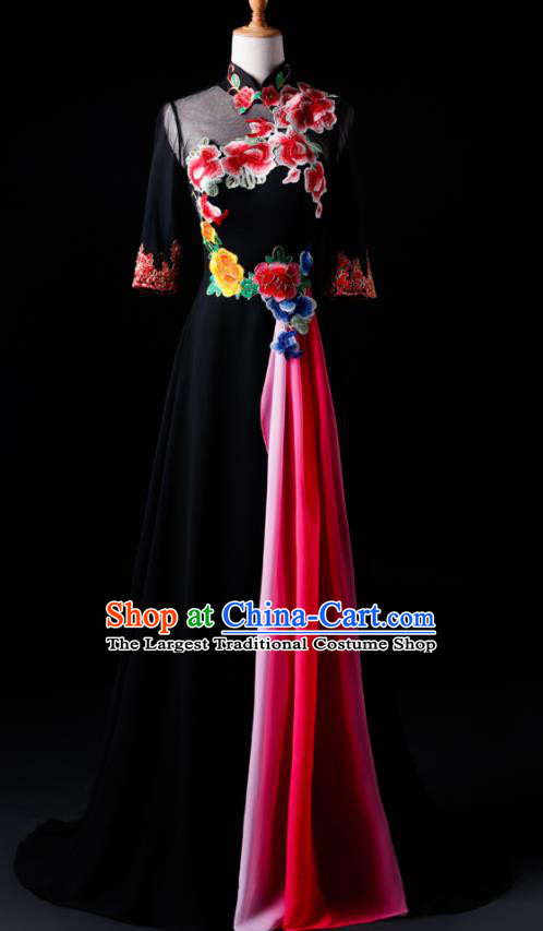 Chinese Traditional National Black Cheongsam Compere Chorus Costume Folk Dance Full Dress for Women