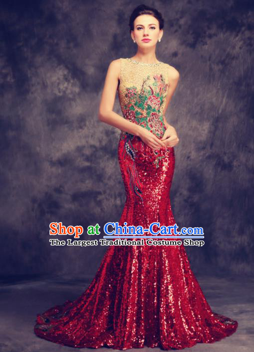 Chinese Traditional Compere Wine Red Full Dress Chorus Costume for Women