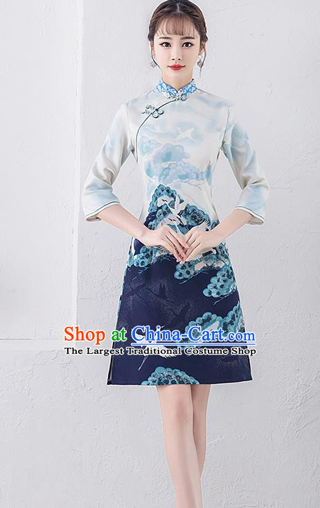 Chinese Traditional Full Dress Printing Crane Cheongsam Compere Costume for Women