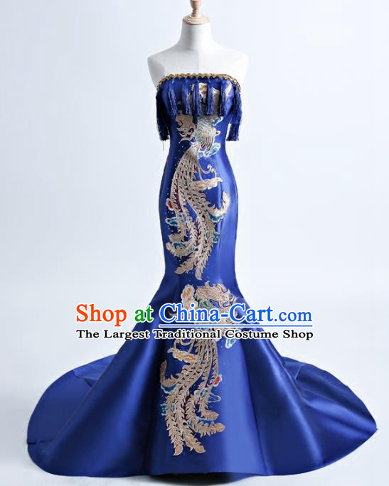 Chinese Traditional Phoenix Pattern Royalblue Full Dress Compere Chorus Costume for Women