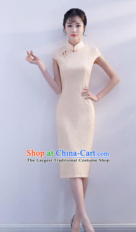 Chinese Traditional Beige Qipao Dress Short Cheongsam Compere Costume for Women