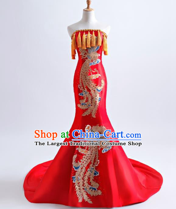 Chinese Traditional Phoenix Pattern Red Full Dress Compere Chorus Costume for Women