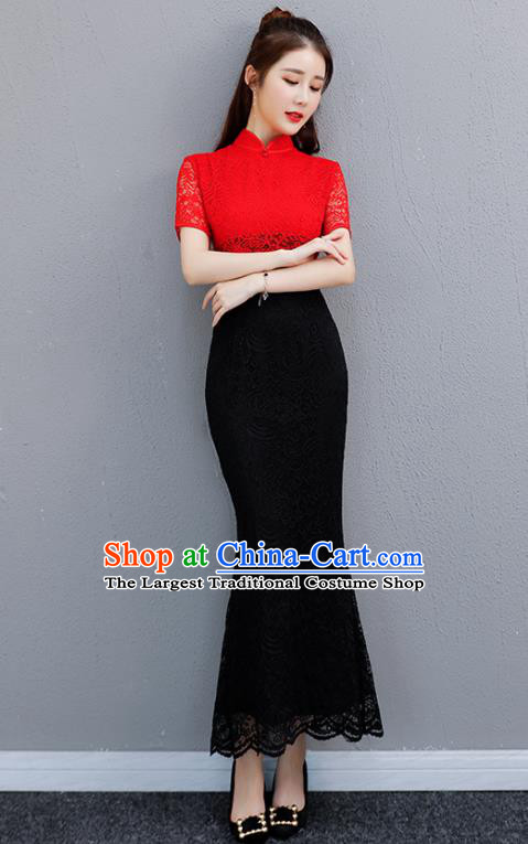 Chinese Traditional Qipao Dress Wedding Lace Cheongsam Compere Costume for Women