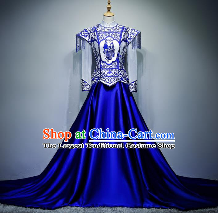 Chinese Traditional Blue and White Porcelain Full Dress Compere Chorus Costume for Women