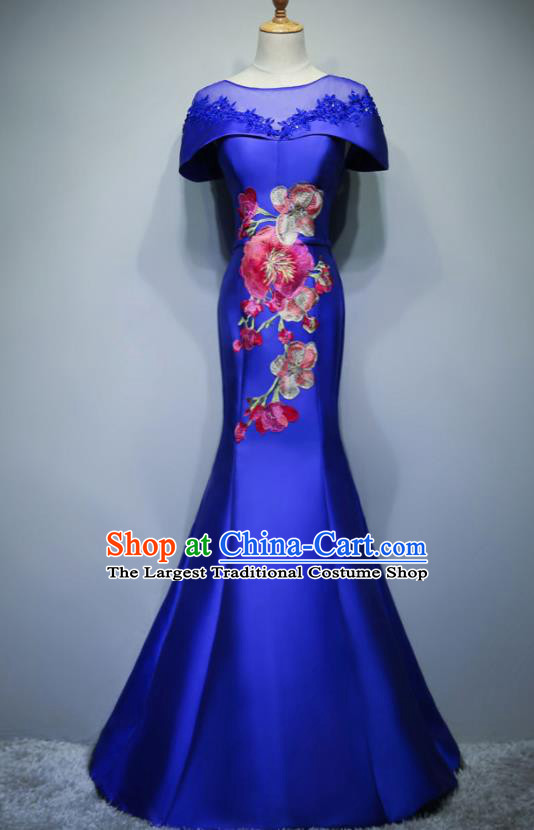 Chinese Traditional Embroidered Royalblue Full Dress Compere Chorus Costume for Women
