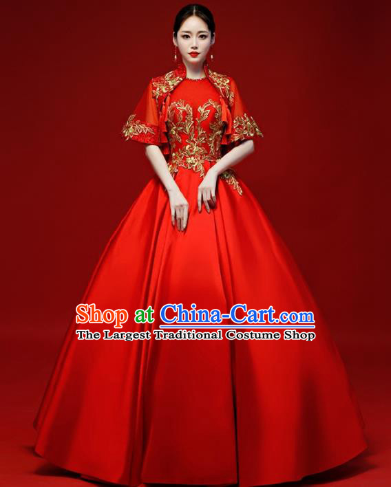 Chinese Traditional National Red Wedding Dress Compere Chorus Costume Full Dress for Women