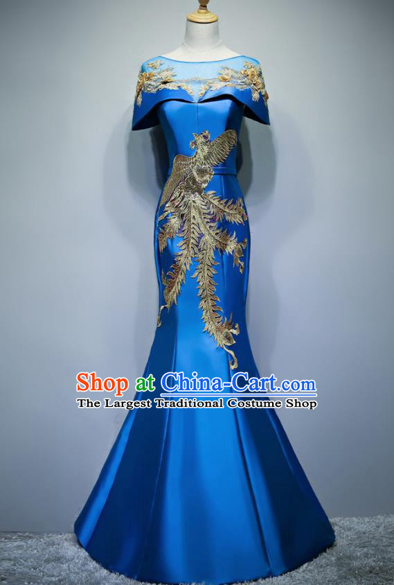 Chinese Traditional Embroidered Phoenix Blue Full Dress Compere Chorus Costume for Women