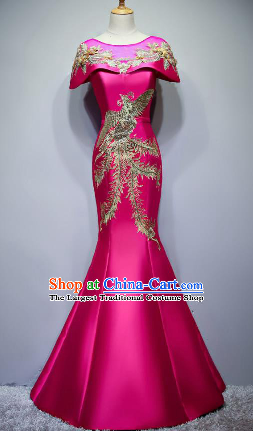 Chinese Traditional Embroidered Phoenix Rosy Full Dress Compere Chorus Costume for Women