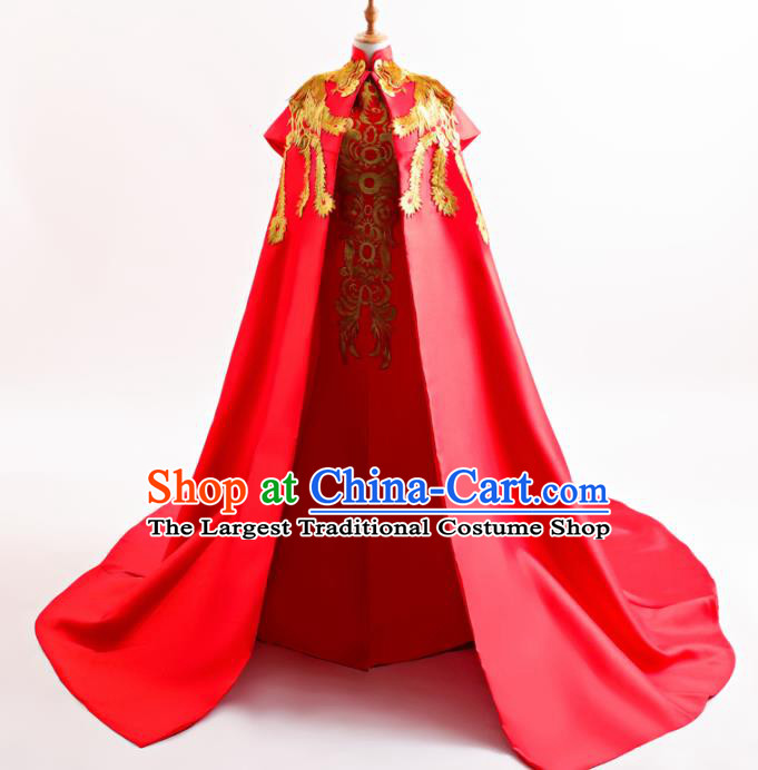 Chinese Traditional Cheongsam Wedding Red Full Dress Compere Chorus Costume for Women