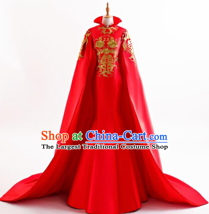 Chinese Traditional Embroidered Peony Cheongsam Red Full Dress Compere Chorus Costume for Women