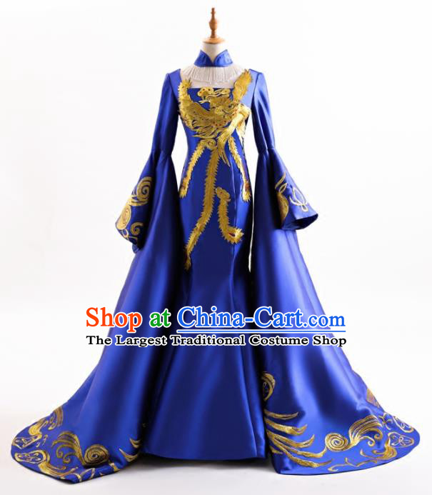 Chinese Traditional Embroidered Royalblue Cheongsam Full Dress Compere Chorus Costume for Women