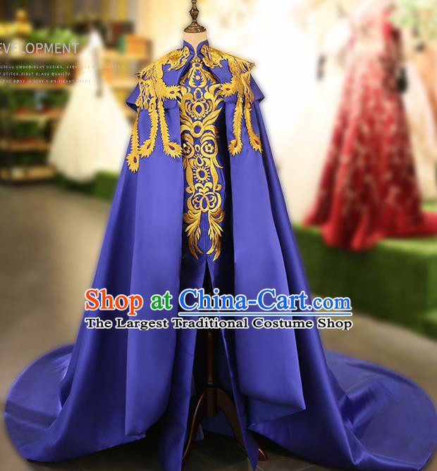 Chinese Traditional Embroidered Blue Cheongsam Full Dress Compere Chorus Costume for Women