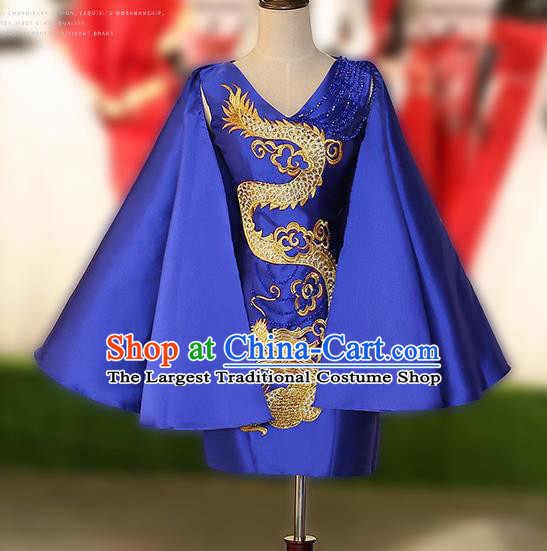 Chinese Traditional Embroidered Dragon Royalblue Short Full Dress Compere Chorus Costume for Women