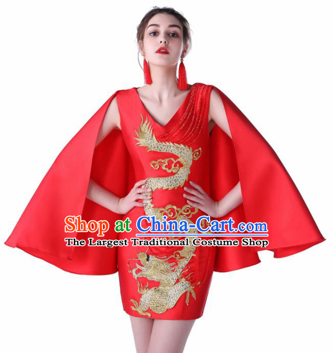 Chinese Traditional Embroidered Dragon Red Short Full Dress Compere Chorus Costume for Women