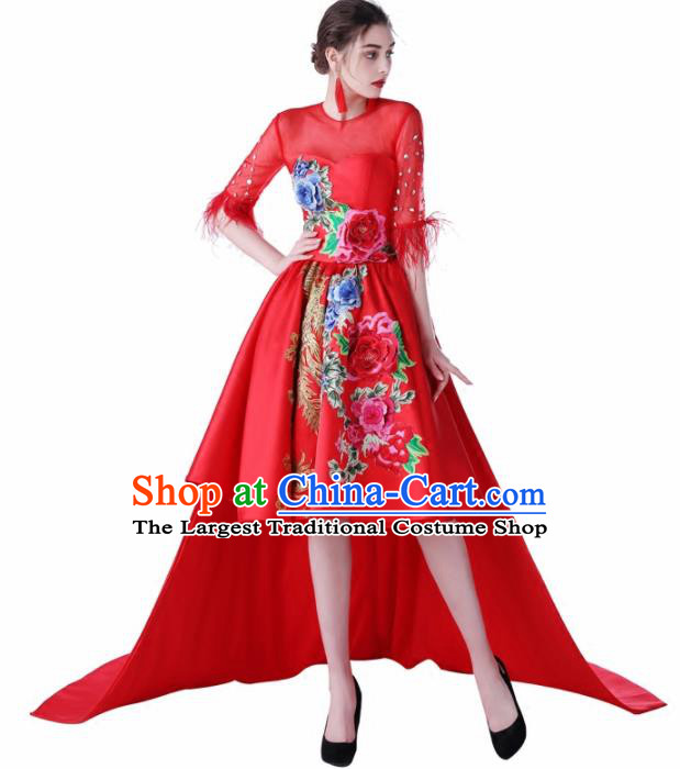 Chinese Traditional Embroidered Peony Red Full Dress Compere Chorus Costume for Women