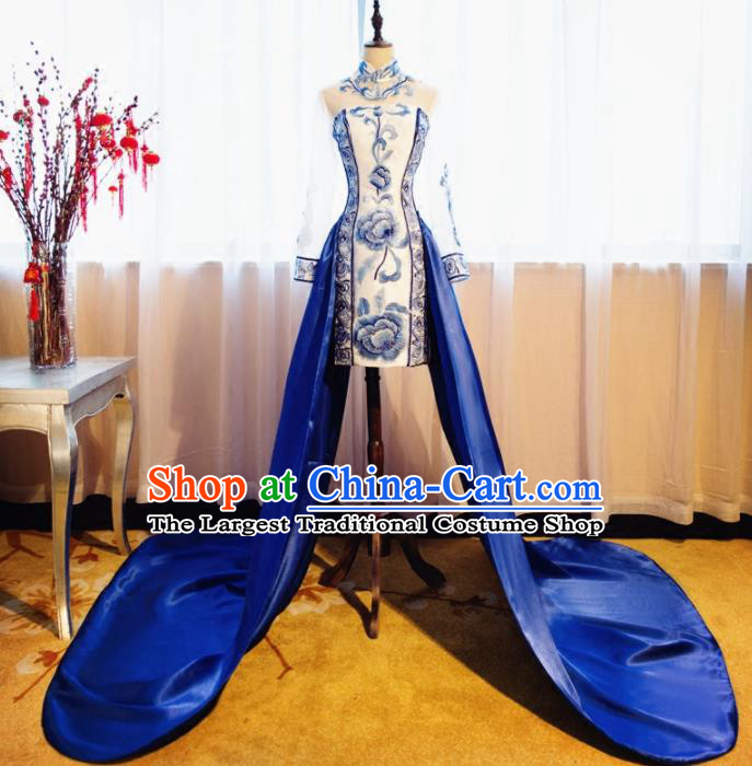 Chinese Traditional Embroidered Peony Cheongsam Compere Chorus Costume for Women