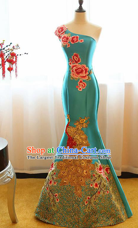 Chinese Traditional Compere Blue Full Dress Cheongsam Chorus Costume for Women