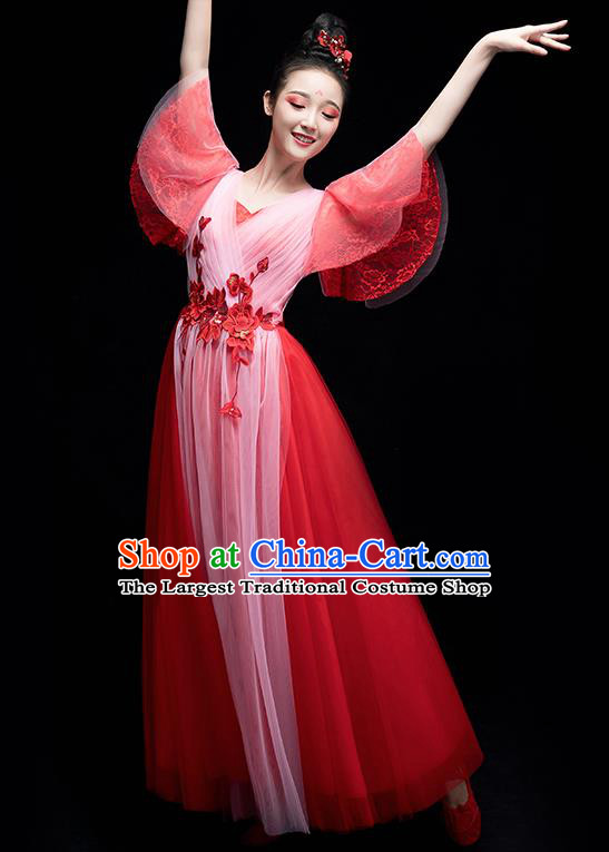 Chinese Traditional Chorus Costumes Modern Dance Red Dress for Women