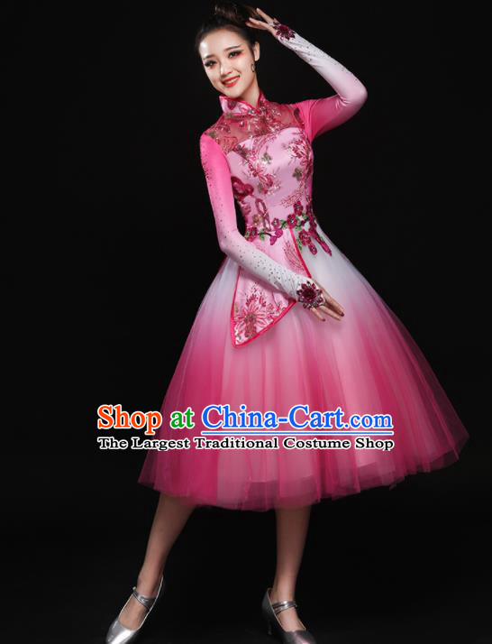 Chinese Traditional Classical Dance Pink Dress Umbrella Dance Chorus Costume for Women