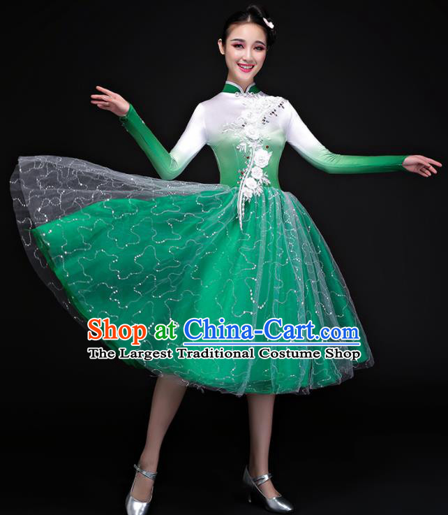 Chinese Traditional Chorus Folk Dance Green Dress Classical Dance Costume for Women