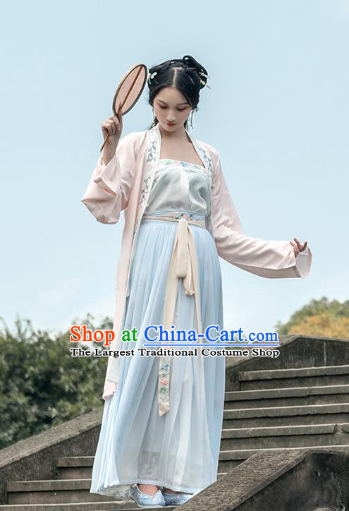 Chinese Traditional Song Dynasty Young Lady Costume Ancient Embroidered Pink Hanfu Dress for Rich Women
