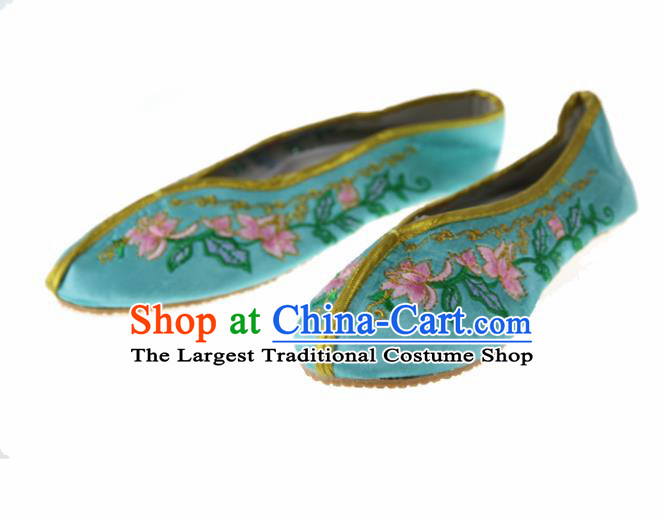 Asian Chinese Ancient Green Satin Hanfu Shoes Traditional Embroidered Shoes for Kids