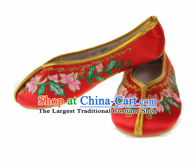 Asian Chinese Ancient Red Satin Hanfu Shoes Traditional Embroidered Shoes for Kids