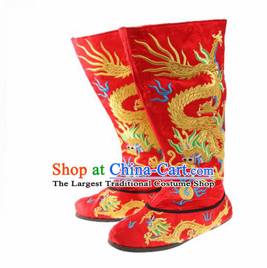 Asian Chinese Traditional Red Boots Ancient Emperor Embroidered Shoes for Men