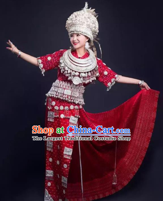 Traditional Chinese Miao Minority Wedding Costumes Embroidered Red Dress and Headwear for Women