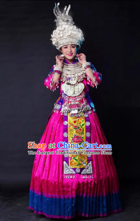 Traditional Chinese Miao Minority Embroidered Rosy Wedding Costumes and Headpiece for Women