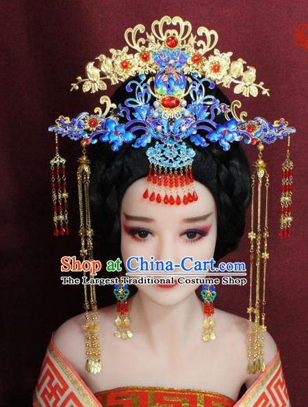 Chinese Ancient Queen Blueing Hair Accessories Tang Dynasty Empress Phoenix Coronet Hairpins for Women