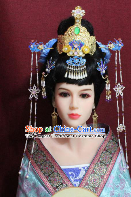 Chinese Traditional Handmade Hair Accessories Ancient Phoenix Coronet Blue Peony Hairpins for Women