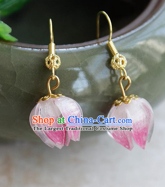 Asian Chinese Traditional Jewelry Accessories Hanfu Traditional Pink Flower Bud Earrings for Women