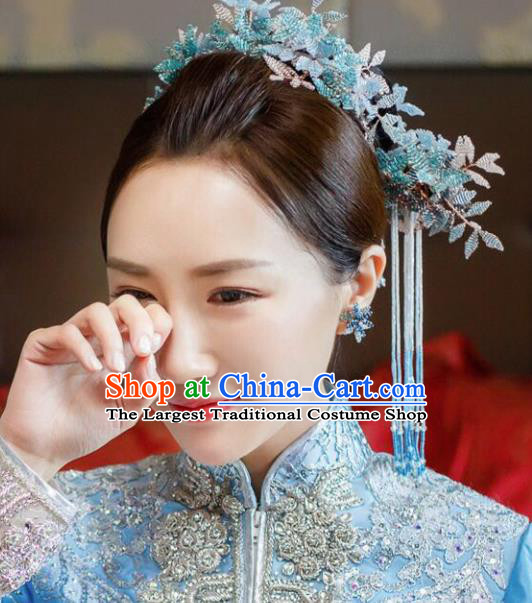 Chinese Ancient Bride Hair Accessories Blue Leaf Hair Comb Hanfu Handmade Hairpins for Women