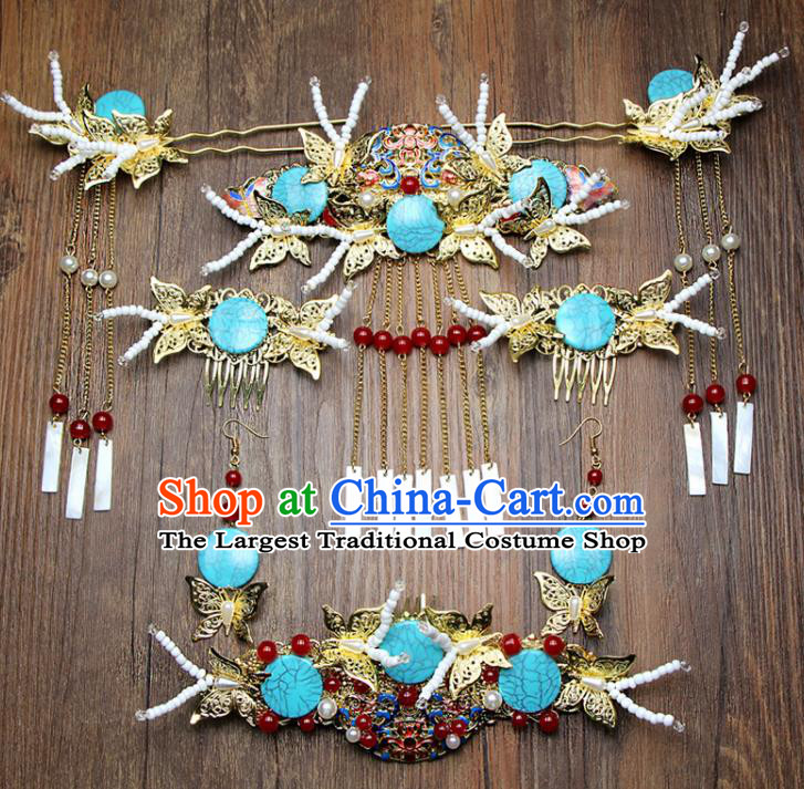 Chinese Ancient XiuHe Suit Cloisonne Hair Combs Bride Handmade Hairpins Hair Accessories Complete Set for Women