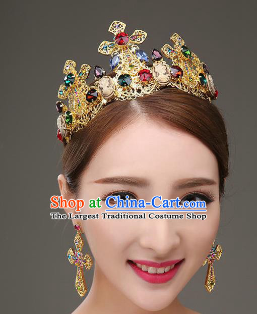 Top Grade Bride Hair Accessories Wedding Colorful Crystal Royal Crown and Earrings for Women