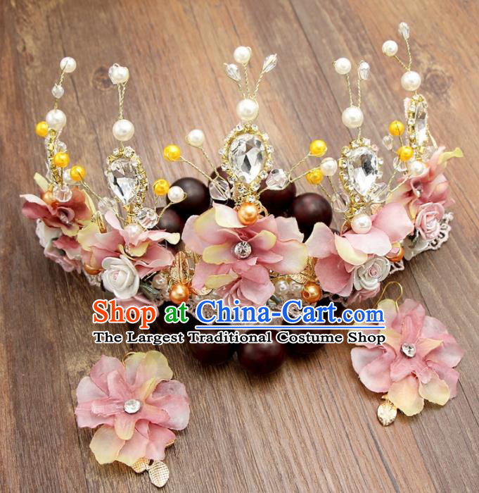 Top Grade Bride Hair Accessories Wedding Pink Flowers Royal Crown and Earrings for Women