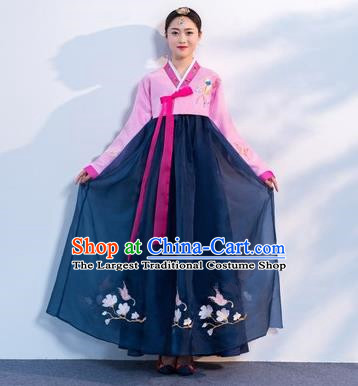Asian Korean Traditional Costumes Korean Hanbok Pink Embroidered Blouse and Navy Skirt for Women