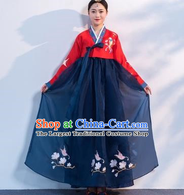Asian Korean Traditional Costumes Korean Hanbok Red Embroidered Blouse and Navy Skirt for Women