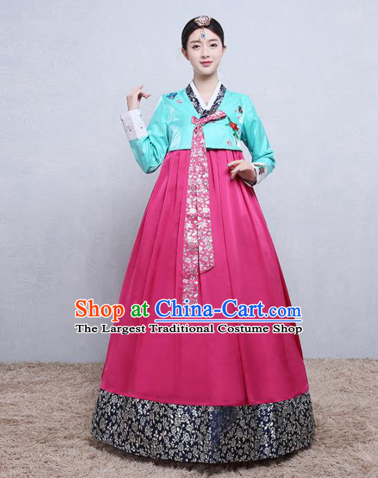 Asian Korean Traditional Costumes Korean Palace Hanbok Embroidered Blue Blouse and Rosy Skirt for Women