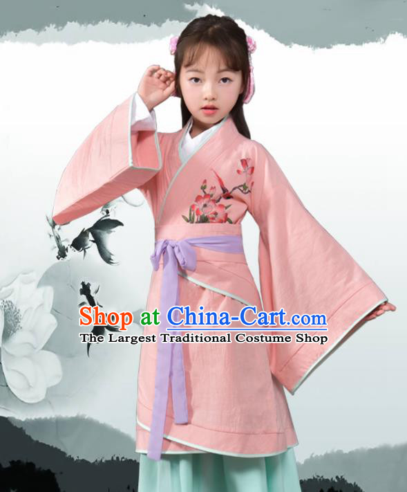 Traditional Chinese Ancient Han Dynasty Princess Costume Pink Curving-front Robe for Kids