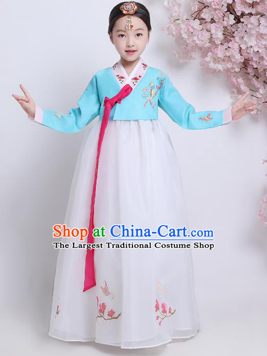 Asian Korean Traditional Costumes Korean Hanbok Blue Blouse and White Skirt for Kids