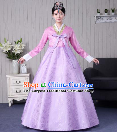Traditional Korean Palace Costumes Asian Korean Hanbok Bride Pink Blouse and Lilac Skirt for Women