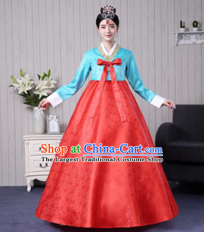 Traditional Korean Palace Costumes Asian Korean Hanbok Bride Blue Blouse and Red Skirt for Women