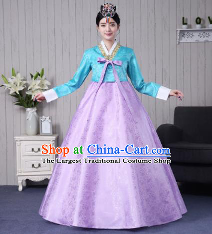 Traditional Korean Palace Costumes Asian Korean Hanbok Bride Blue Blouse and Lilac Skirt for Women