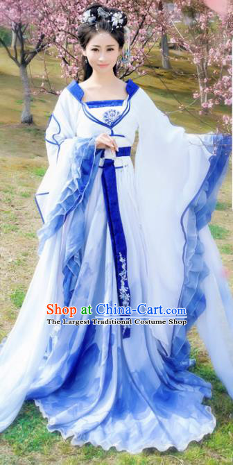 Chinese Ancient Cosplay Peri Costumes Traditional Tang Dynasty Princess Blue Hanfu Dress for Women