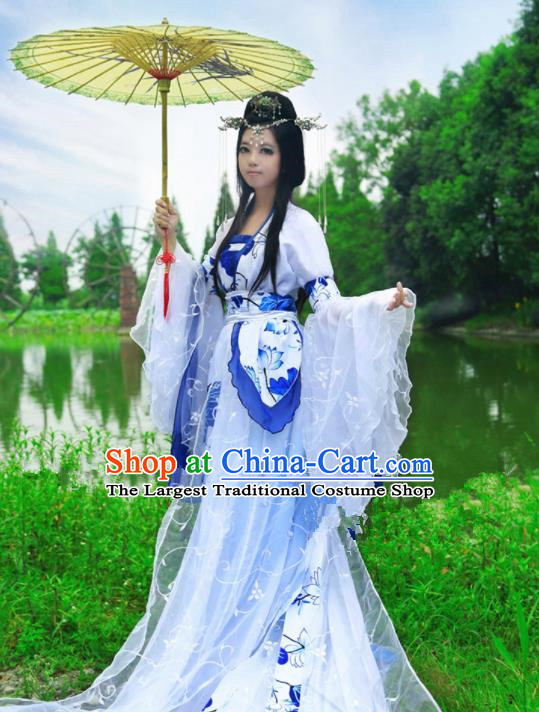 Chinese Ancient Cosplay Peri Princess Blue Hanfu Dress Traditional Tang Dynasty Swordswoman Costume for Women