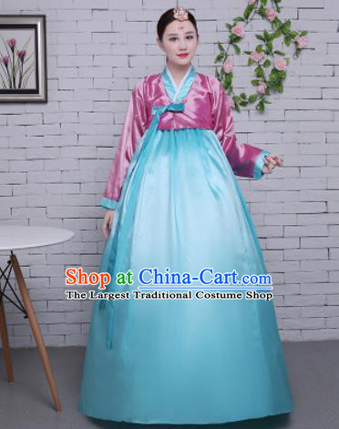 Korean Traditional Palace Costumes Asian Korean Hanbok Bride Pink Blouse and Blue Skirt for Women