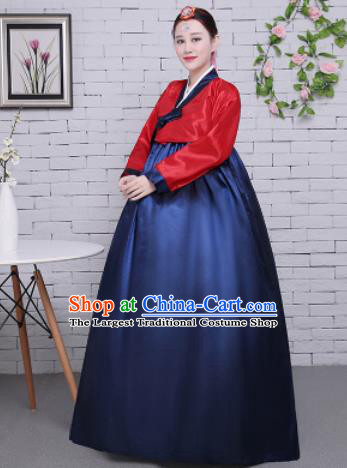 Korean Traditional Palace Costumes Asian Korean Hanbok Bride Red Blouse and Navy Skirt for Women
